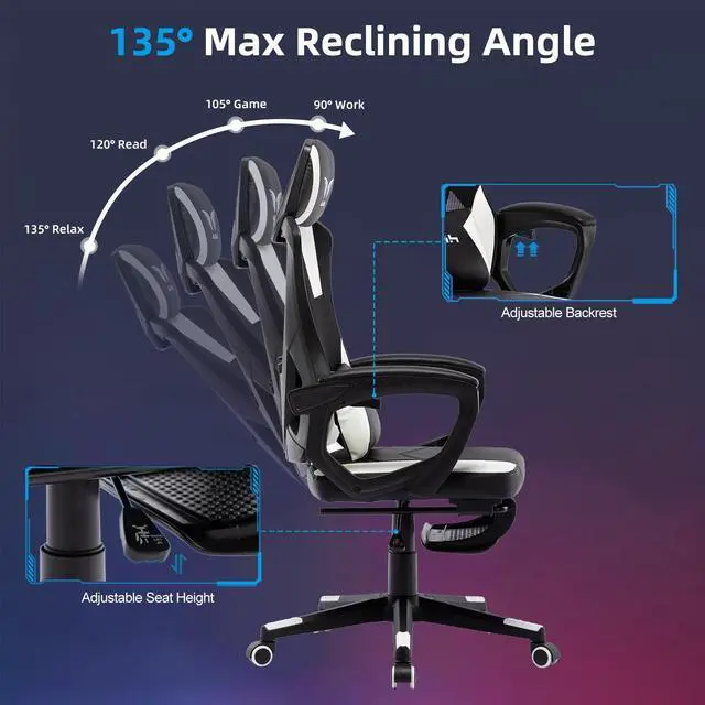 Alt view image 5 of 7 - BRTHORY Gaming Desk Chair with Footrest, Ergonomic Computer Office Desk Chair,Reclining Game Chairs Lumbar Support,Faux Leather,Height Adjustable,360° Swivel (White)