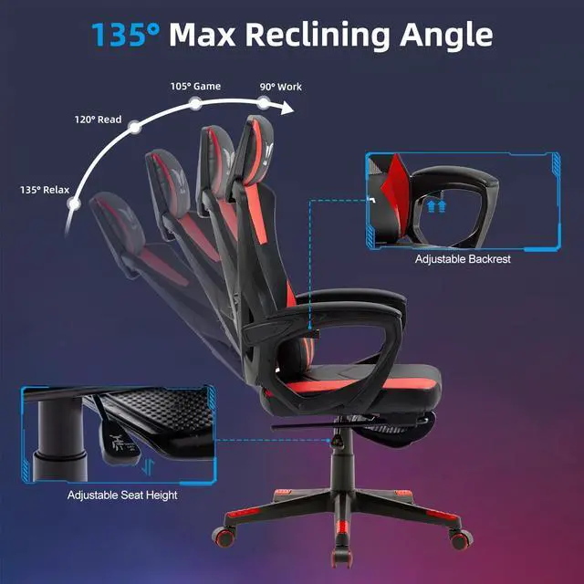 Alt view image 5 of 7 - BRTHORY Gaming Desk Chair with Footrest, Ergonomic Computer Office Desk Chair,Reclining Game Chairs Lumbar Support,Faux Leather,Height Adjustable,360° Swivel (Red)