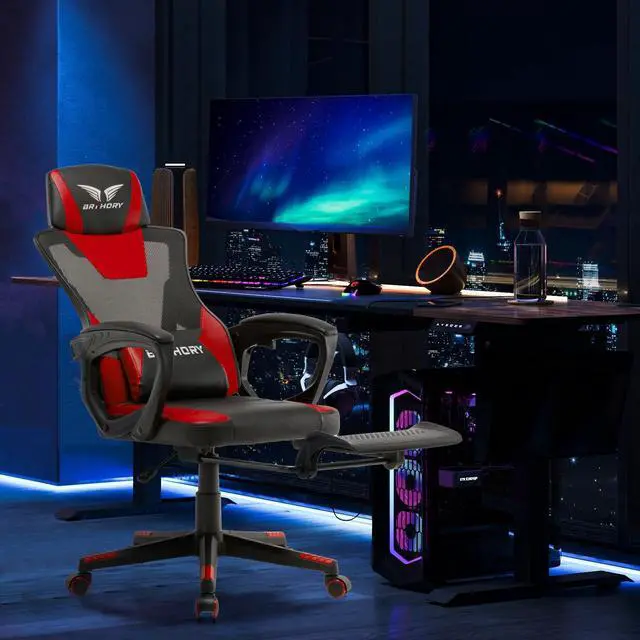 Alt view image 7 of 7 - BRTHORY Gaming Desk Chair with Footrest, Ergonomic Computer Office Desk Chair,Reclining Game Chairs Lumbar Support,Faux Leather,Height Adjustable,360° Swivel (Red)