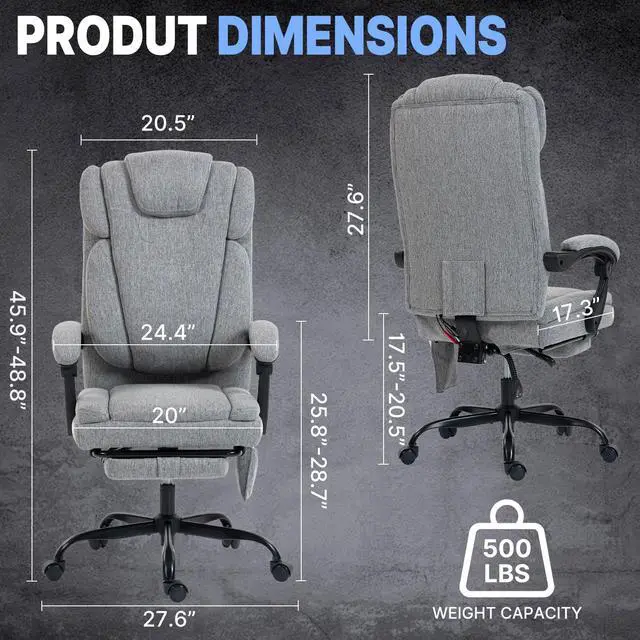 Alt view image 2 of 7 - BRTHORY Fabric Massage Office Chair with Foot Rest,8 Points Vibration and Heat Ergonomic Executive Desk Chair for Heavy People, Big and Tall Office Chairs with Reclining Computer Chair High Back