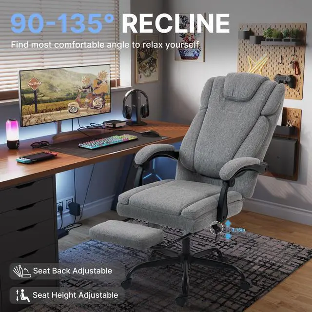 Alt view image 3 of 7 - BRTHORY Fabric Massage Office Chair with Foot Rest,8 Points Vibration and Heat Ergonomic Executive Desk Chair for Heavy People, Big and Tall Office Chairs with Reclining Computer Chair High Back