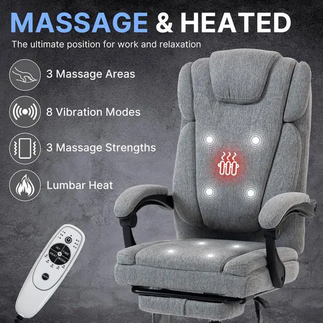Alt view image 4 of 7 - BRTHORY Fabric Massage Office Chair with Foot Rest,8 Points Vibration and Heat Ergonomic Executive Desk Chair for Heavy People, Big and Tall Office Chairs with Reclining Computer Chair High Back