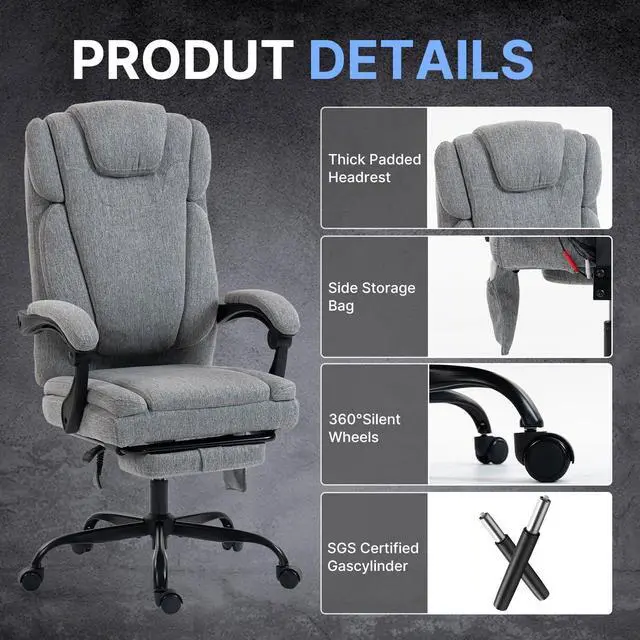 Alt view image 5 of 7 - BRTHORY Fabric Massage Office Chair with Foot Rest,8 Points Vibration and Heat Ergonomic Executive Desk Chair for Heavy People, Big and Tall Office Chairs with Reclining Computer Chair High Back