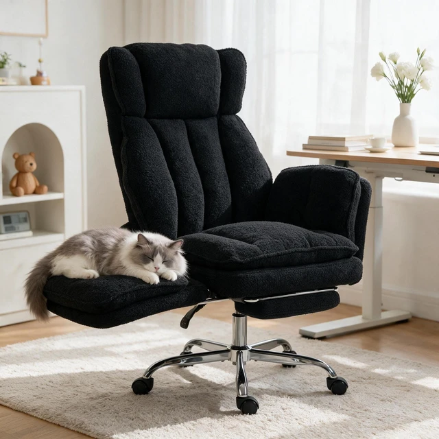 Main image of BRTHORY Flip Armrests for Pets & Cross Legged Sitting Desk Chair, Executive Ergonomic Computer Gaming Chair with Foot Rest, Teddy Fabric Big and Tall Wide Seat Reclining Office Chair (Black)