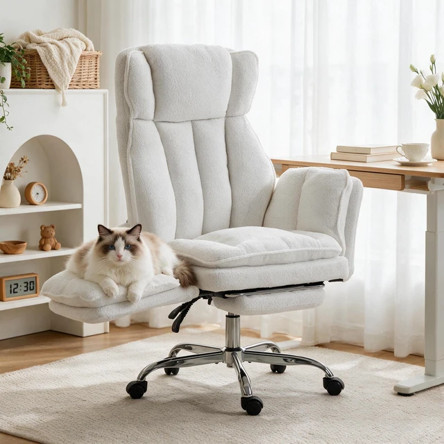 Main image of BRTHORY Flip Armrests for Pets & Cross Legged Sitting Desk Chair, Executive Ergonomic Computer Gaming Chair with Foot Rest, Teddy Fabric Big and Tall Wide Seat Reclining Office Chair (White)