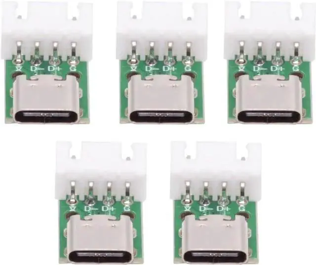 Main image of 5 Pack USB C DIY Connector, Pitch 2.54mm 4Pin to USB 2.0 Type C Female Socket Port Repair Replacement Solder Adapter with Wafer Socket