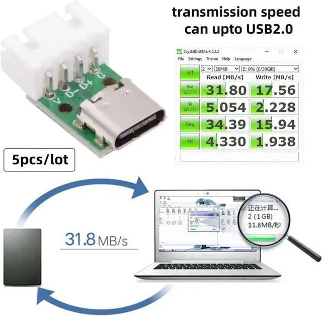 Alt view image 4 of 7 - 5 Pack USB C DIY Connector, Pitch 2.54mm 4Pin to USB 2.0 Type C Female Socket Port Repair Replacement Solder Adapter with Wafer Socket