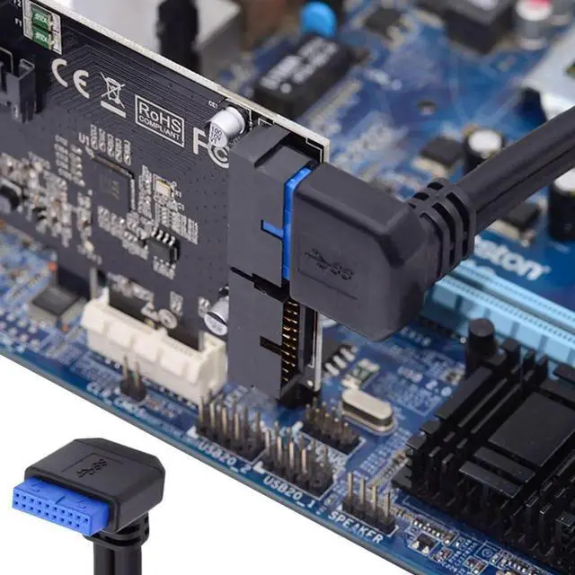 Alt view image 3 of 7 - 2 Ports USB 3.0 Female to Motherboard 20Pin Male Cable for Front Panel Screw Mount Type 30cm 90 Degree UP Angled