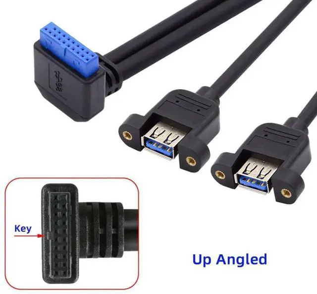 Alt view image 4 of 7 - 2 Ports USB 3.0 Female to Motherboard 20Pin Male Cable for Front Panel Screw Mount Type 30cm 90 Degree UP Angled