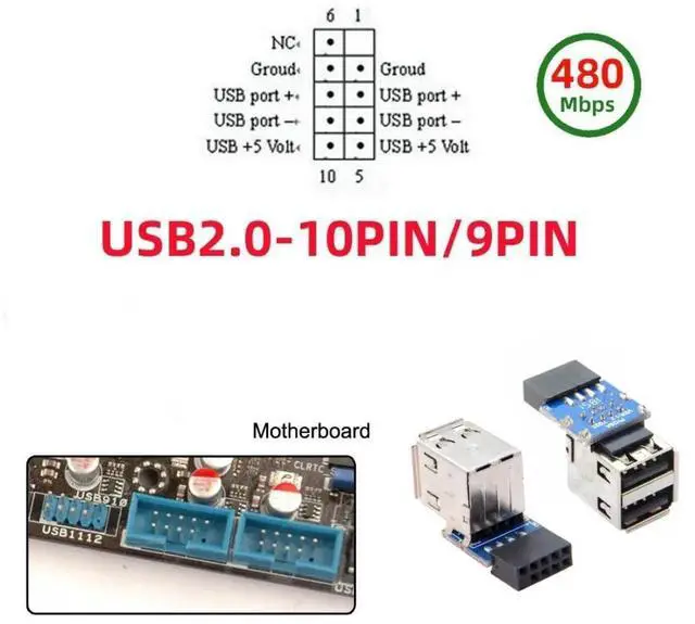 Alt view image 4 of 7 - 2 Pack USB 2.0 Front Panel Header 9/10Pin 1 Male to 2 USB 2.0 Female Mainboard Header Port Extension Adapter
