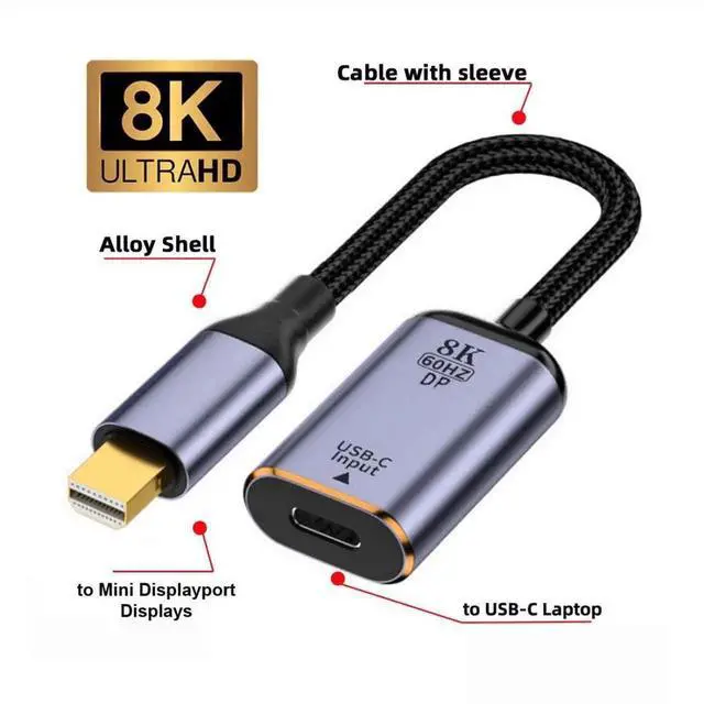Alt view image 5 of 6 - USB C to Mini Displayport Cable,USB Type C Female Input to Mini Displayport 1.4 Male Output HDTV Cable 8K@60hz 4K@120hz for Tablet Phone Laptop