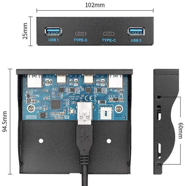 Alt view image 4 of 7 - USB-C & USB 3.0 HUB 4 Ports Front Panel to Motherboard 20Pin Connector Cable for 3.5" Floppy Bay