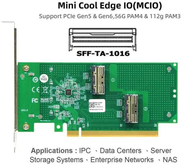 Alt view image 5 of 6 - 2 Port PCI-E X16 to PCI-E 5.0 MCIO 8i 74Pin SFF-TA-1016 Adapter Mini Cool Edge IO Female PCI Expansion Card Adapter
