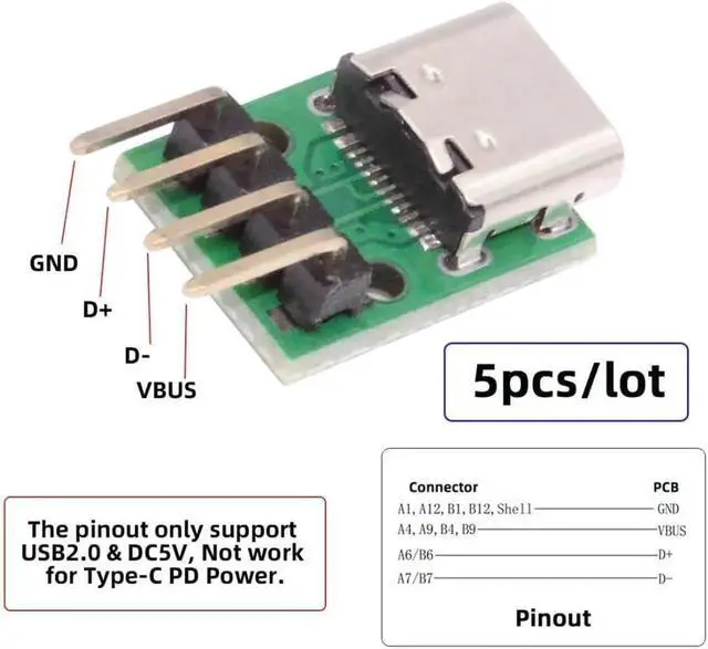 Alt view image 7 of 7 - 5 Pack USB C DIY Connector, Pitch 2.54mm 4Pin to USB 2.0 Type C Female Socket Port Repair Replacement Solder Adapter