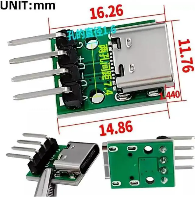 Alt view image 3 of 7 - 5 Pack USB C DIY Connector, Pitch 2.54mm 4Pin to USB 2.0 Type C Female Socket Port Repair Replacement Solder Adapter