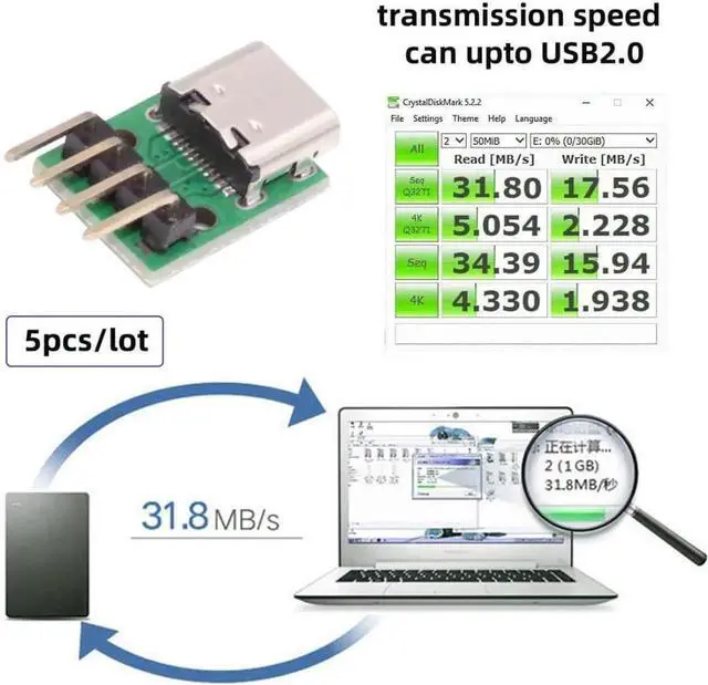 Alt view image 4 of 7 - 5 Pack USB C DIY Connector, Pitch 2.54mm 4Pin to USB 2.0 Type C Female Socket Port Repair Replacement Solder Adapter