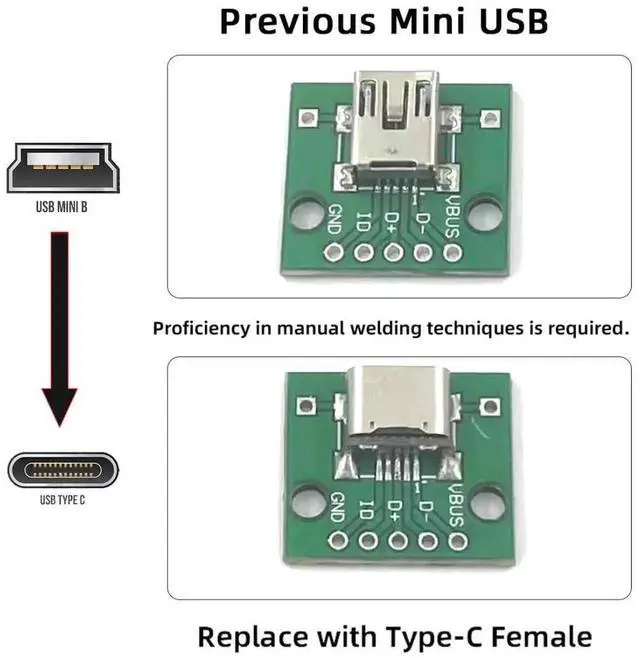 Alt view image 4 of 7 - 5 Pack USB C DIY Connector,Mini USB 5Pin to USB C Female Socket Port Repair Replacement Solder Adapter Standard Pinout