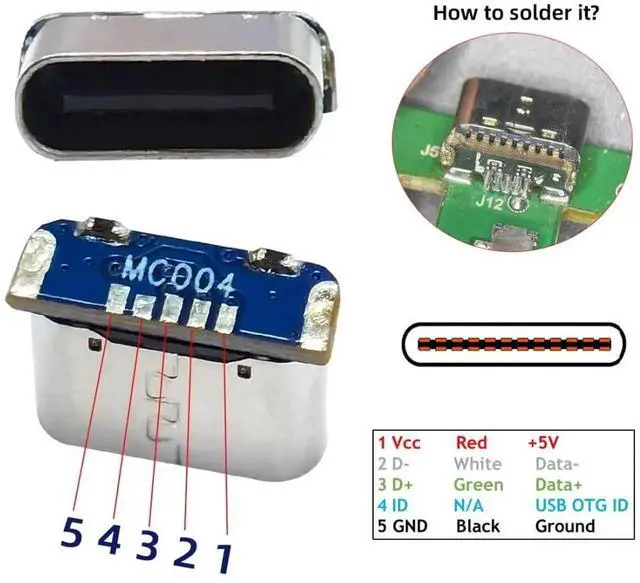 Alt view image 2 of 7 - 5 Pack USB C DIY Connector,Mini USB 5Pin to USB C Female Socket Port Repair Replacement Solder Adapter Standard Pinout