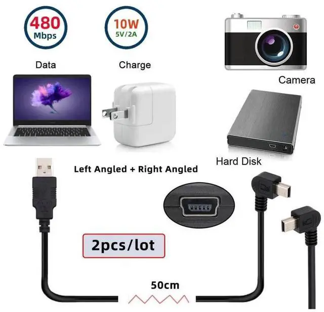 Alt view image 2 of 7 - 2 Pack Mini USB Cable,USB 2.0 Male to Mini USB 5 Pin Male 90 Degree Left/Right Angled Charging Data Transfer Extension Cable Black 1.64FT/0.5M