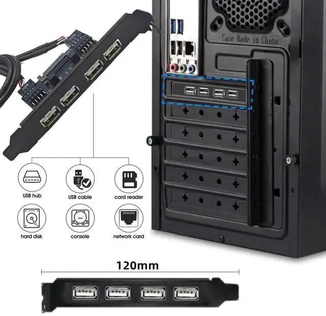 Alt view image 2 of 7 - 4 Port USB 2.0 Front Panel Header 9Pin 2 Male to 4 USB 2.0 Female Chassis Back Panel Port Extension Cable 30cm with 120mm PCI-E Slot Bracket