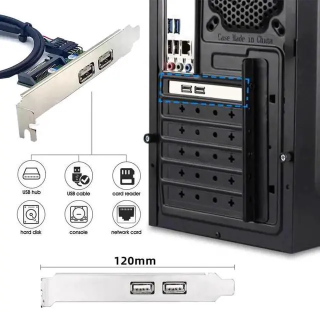 Alt view image 5 of 7 - 2 Port USB 2.0 Front Panel Header 9Pin 1 Male to 2 USB 2.0 Female Chassis Back Panel Port Extension Cable 30cm with 120mm PCI-E Slot Bracket