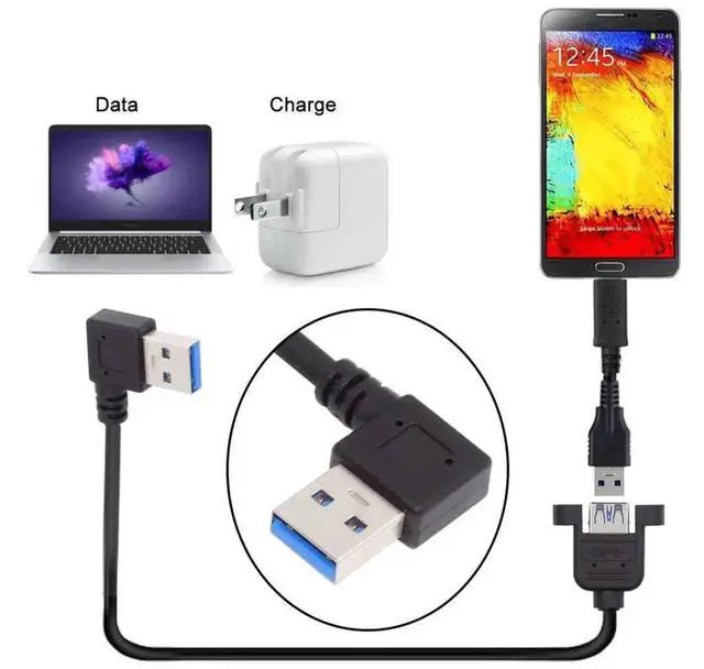 Alt view image 5 of 7 - 12 Inch Short USB Extension Cable, USB 3.0 Male to Female 90 Degree Right Angled Panel Mount Type Cable with Screws