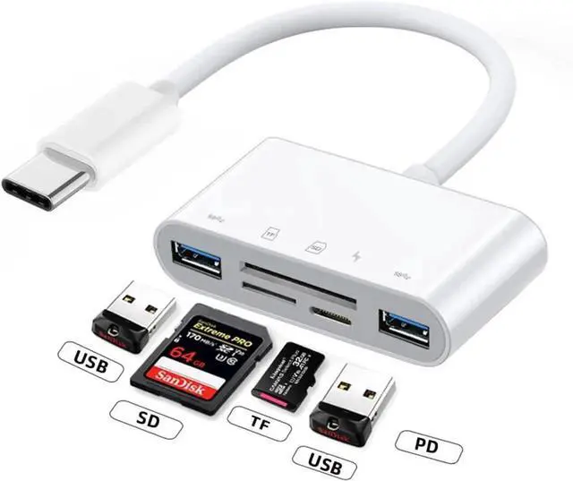 Alt view image 3 of 7 - CY 5 in 1 USB C to 2 USB 3.0 TF Micro SD SDXC SDHC Card Reader Adapter 5Gbps Compatible with PD 27W for Laptop Tablet Phone