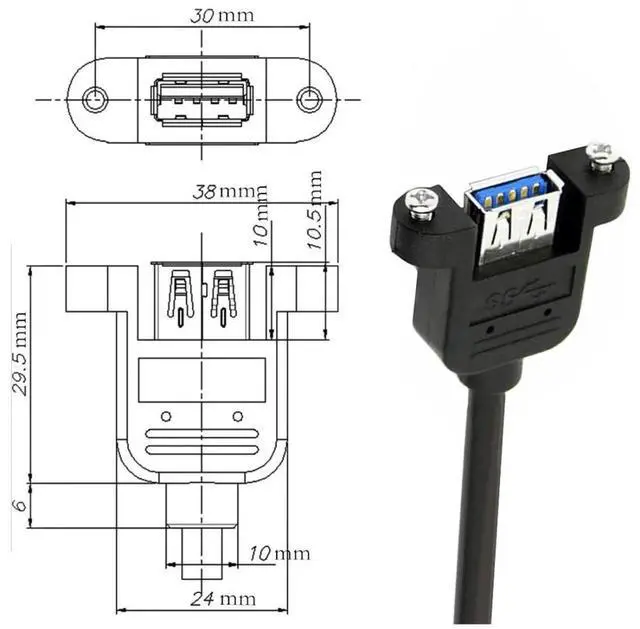 Alt view image 7 of 7 - 12 Inch Short USB Extension Cable, USB 3.0 Male to Female 90 Degree Left Angled Panel Mount Type Cable with Screws
