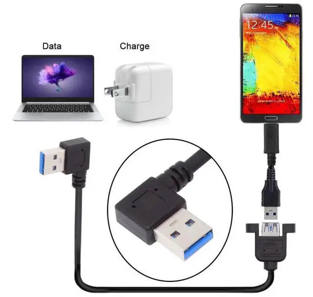 Alt view image 4 of 7 - 12 Inch Short USB Extension Cable, USB 3.0 Male to Female 90 Degree Left Angled Panel Mount Type Cable with Screws