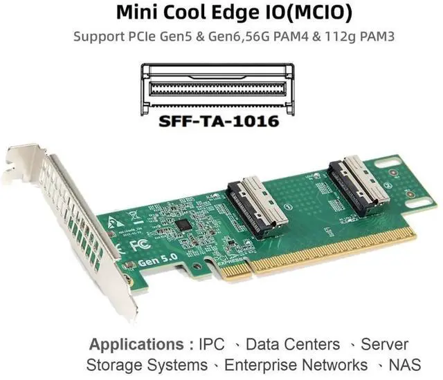Alt view image 2 of 7 - Dual Port PCI-E X16 to PCI-E 5.0 MCIO 8i 74Pin SFF-TA-1016 Adapter Mini Cool Edge IO Female PCI Expansion Card Adapter
