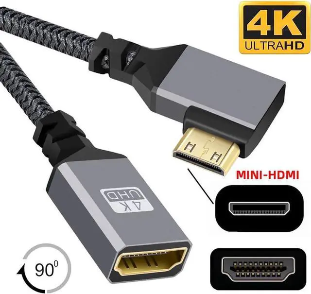 Alt view image 7 of 7 - CY Mini HDMI to HDMI Cable,Mini HDMI 1.4 Male to HDMI Female 4K Extension Cable 90 Degree Left Angled