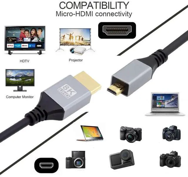 Alt view image 5 of 7 - HDMI 2.1 Cable,HDMI Male to Micro HDMI Male 8K@60Hz 4K@120Hz 48Gbps Ultra High-Speed Gold-Plated Cable 0.5M for TV, Monitor, Computer