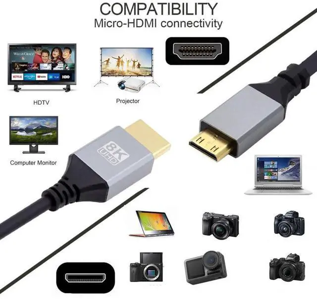 Alt view image 2 of 7 - HDMI 2.1 Cable,HDMI Male to Mini HDMI Male 8K@60Hz 4K@120Hz 48Gbps Ultra High-Speed Gold-Plated Cable 1.0M for TV, Monitor, Computer