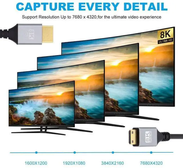 Alt view image 4 of 7 - HDMI 2.1 Cable,HDMI Male to Mini HDMI Male 8K@60Hz 4K@120Hz 48Gbps Ultra High-Speed Gold-Plated Cable 1.0M for TV, Monitor, Computer