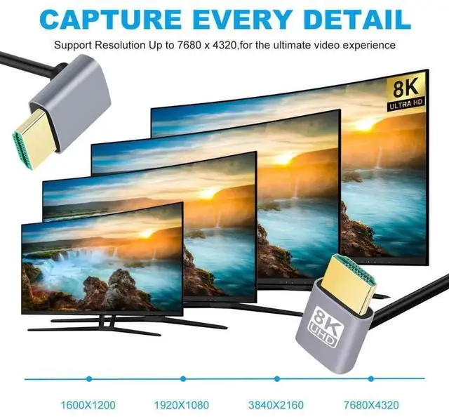 Alt view image 2 of 7 - HDMI 2.1 Cable,HDMI Male to Male Dual 90 Degree Down Angled 8K@60Hz 4K@120Hz 48Gbps Ultra High-Speed Gold-Plated Cable 0.5M for TV, Monitor, Computer