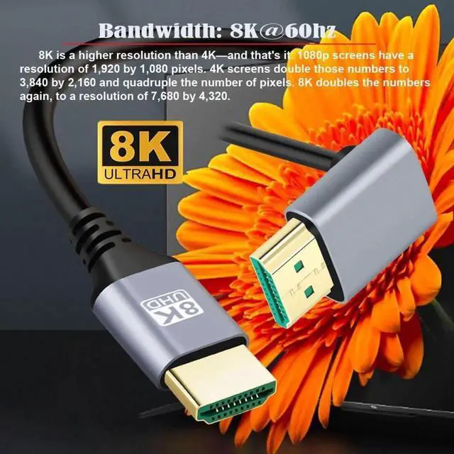 Alt view image 3 of 7 - HDMI 2.1 Cable,HDMI Male to Male 90 Degree UP Angled 8K@60Hz 4K@120Hz 48Gbps Ultra High-Speed Gold-Plated Cable 1.0M for TV, Monitor, Computer