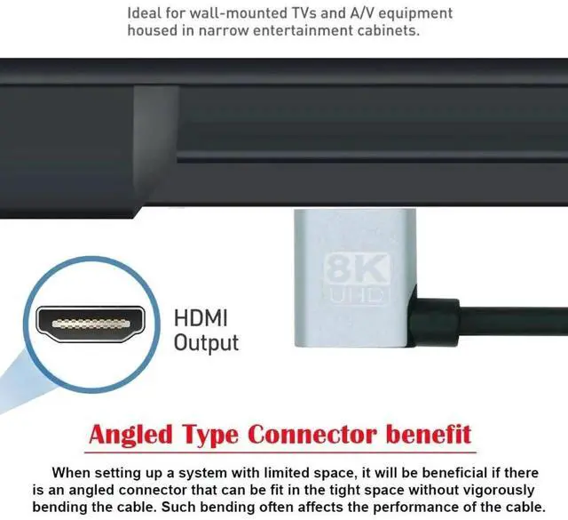 Alt view image 4 of 7 - HDMI 2.1 Cable,HDMI Male to Male 90 Degree Right Angled 8K@60Hz 4K@120Hz 48Gbps Ultra High-Speed Gold-Plated Cable 1.0M for TV, Monitor, Computer