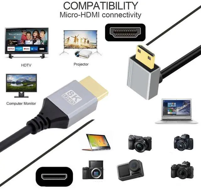Alt view image 4 of 7 - HDMI 2.1 Cable,HDMI Male to Mini HDMI Male 90 Degree Down Angled 8K@60Hz 4K@120Hz 48Gbps Ultra High-Speed Gold-Plated Cable 1.64FT/0.5M for TV, Monitor, Computer