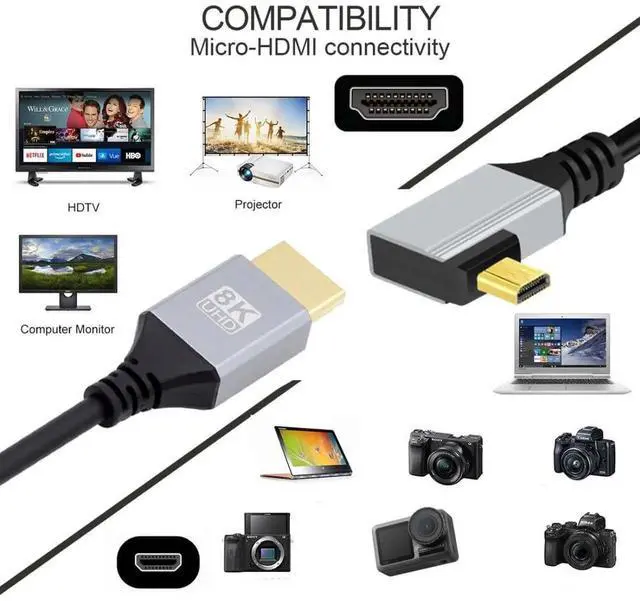 Alt view image 4 of 7 - HDMI 2.1 Cable,HDMI Male to Micro HDMI Male 90 Degree Right Angled 8K@60Hz 4K@120Hz 48Gbps Ultra High-Speed Gold-Plated Cable 1.64FT/0.5M for TV, Monitor, Computer