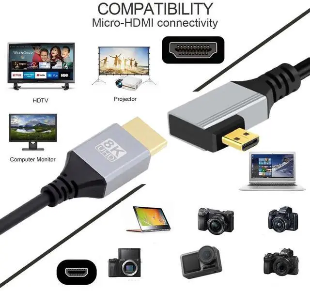 Alt view image 2 of 7 - HDMI 2.1 Cable,HDMI Male to Micro HDMI Male 90 Degree Left Angled 8K@60Hz 4K@120Hz 48Gbps Ultra High-Speed Gold-Plated Cable 1.64FT/0.5M for TV, Monitor, Computer