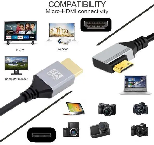 Alt view image 3 of 7 - HDMI 2.1 Cable,HDMI Male to Mini HDMI Male 90 Degree Right Angled 8K@60Hz 4K@120Hz 48Gbps Ultra High-Speed Gold-Plated Cable 1.64FT/0.5M for TV, Monitor, Computer