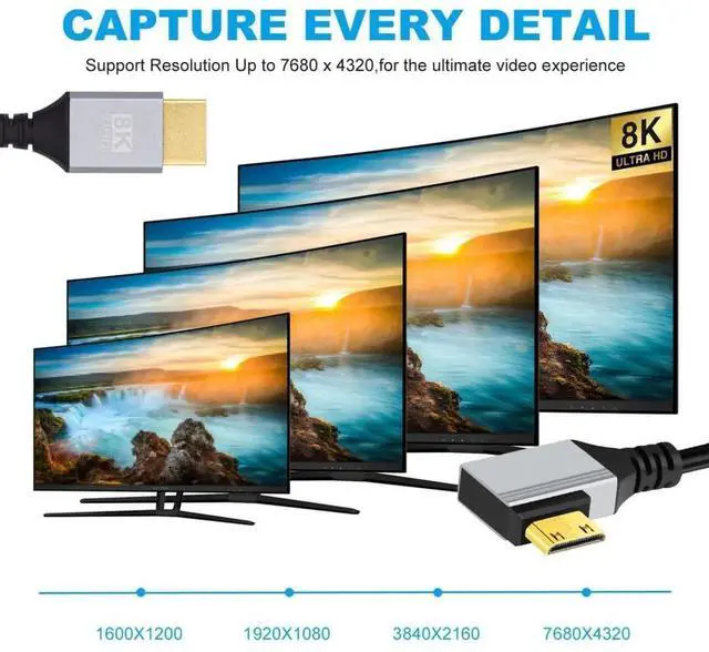 Alt view image 2 of 7 - HDMI 2.1 Cable,HDMI Male to Mini HDMI Male 90 Degree Right Angled 8K@60Hz 4K@120Hz 48Gbps Ultra High-Speed Gold-Plated Cable 1.64FT/0.5M for TV, Monitor, Computer