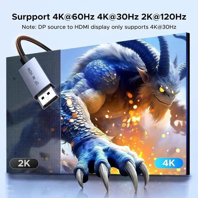 Alt view image 5 of 7 - UGREEN 4K@60Hz Bidirectional HDMI to Displayport Cable Male to Male Adapter DP 1.2, HDCP 2.2, HDMI 1.4 4K@30Hz with USB Powered Compatible with Laptops, PC, Switch 2/PS5/Xbox/AMD/NVIDIA/Monitor, 6.6FT