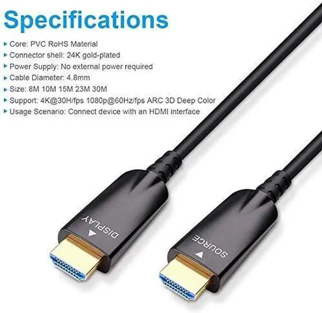 Alt view image 6 of 7 - DTech 75ft Fiber Optic HDMI Cable with 4K 30Hz and 1080p 60Hz HD Video 3D ARC HDCP CEC High Speed Supported (75 Feet, Black) compatible with DVD Player, computer monitor, gaming console, TV