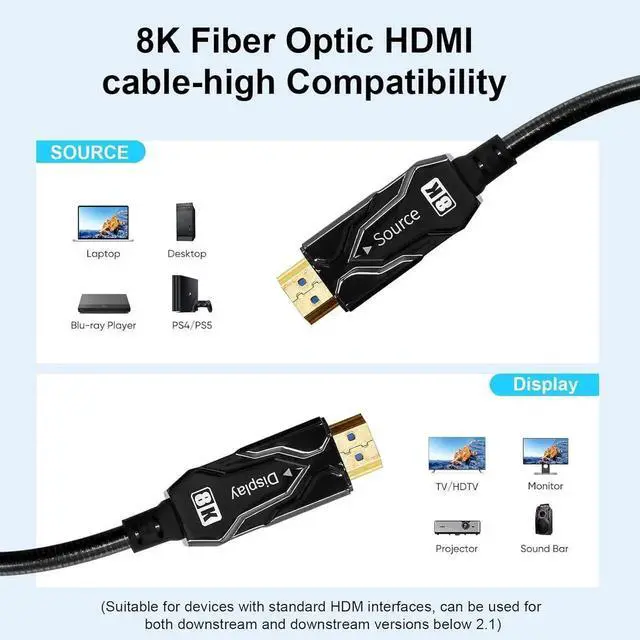 Alt view image 4 of 7 - DTECH 8K Fiber Optic HDMI Cable 100ft Long Metal Armored Waterproof HDMI Cord 8K@60Hz 4K@120Hz 48Gbps 2.1 Ultra High Speed eARC Dolby Atmos Vision HDR HDCP Compatible with TV Soundbar PS5 PS4 Monitor