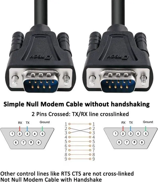 Alt view image 5 of 7 - DTech RS232 Cable 15ft Null Modem DB9 to DB9 Serial Cable Male to Male RS-232 Cord Cross TX RX line 2 Pin Crossed Without Handshake for Data Communication (15 Feet, Black)
