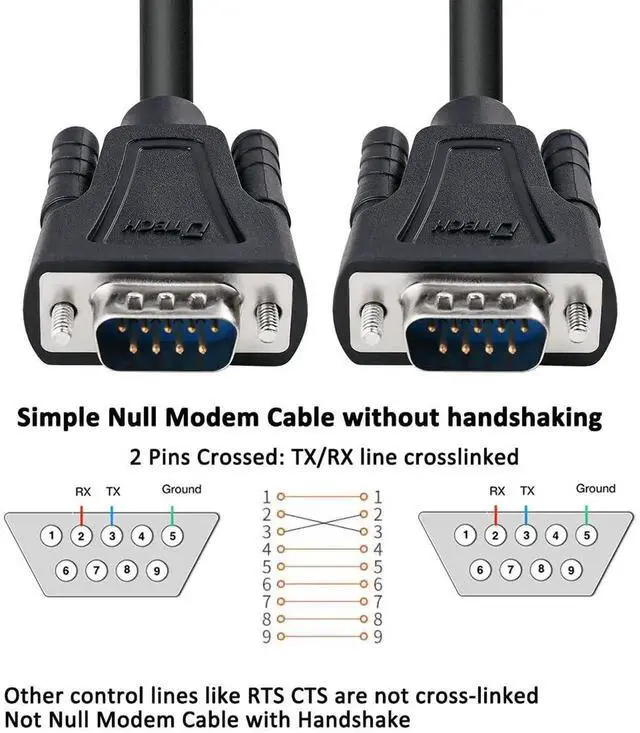 Alt view image 4 of 7 - DTech 6ft DB9 to DB9 RS232 Serial Cable Male to Male Simple Null Modem Cord Cross TX RX line 2 Pin Crossed Without Handshake for Computer Data Communication (6 Feet, Black)