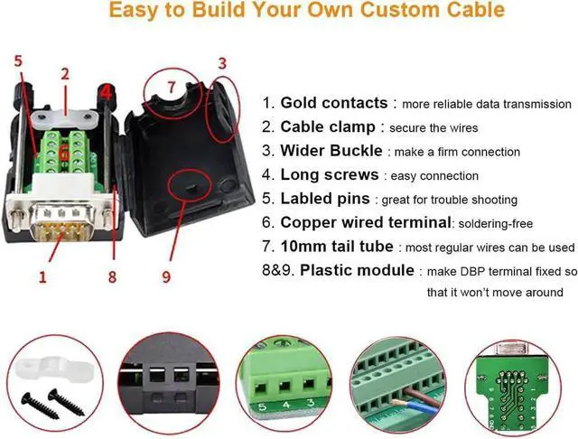 Alt view image 7 of 7 - DTech DB9 Breakout Connector, Male RS232 Serial Adapter, Solderless Module Board with Screw Terminals, Case, Long Bolts, Tail Pipes