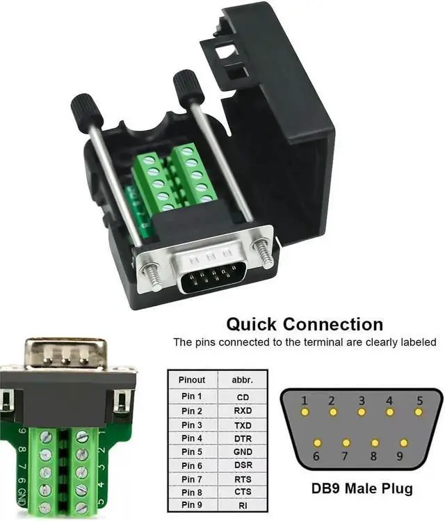 Alt view image 3 of 7 - DTech DB9 Breakout Connector, Male RS232 Serial Adapter, Solderless Module Board with Screw Terminals, Case, Long Bolts, Tail Pipes