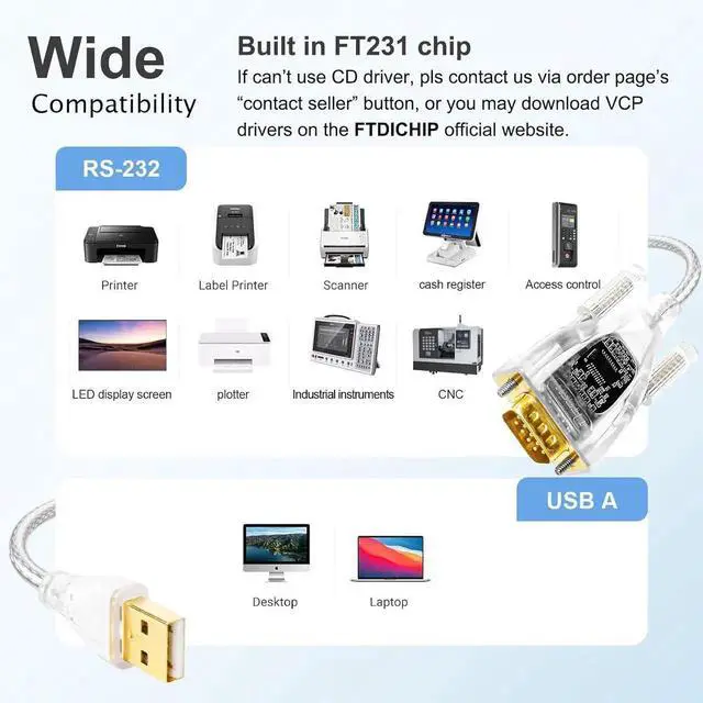 Alt view image 2 of 7 - DTECH USB to Serial Adapter Features FTDI Chip DB9 9 Pin RS232 to USB Cable FT231 Chipset Compatible with Windows 11 10 8 7 XP Mac OS Linux RS-232 Data Lights Detect